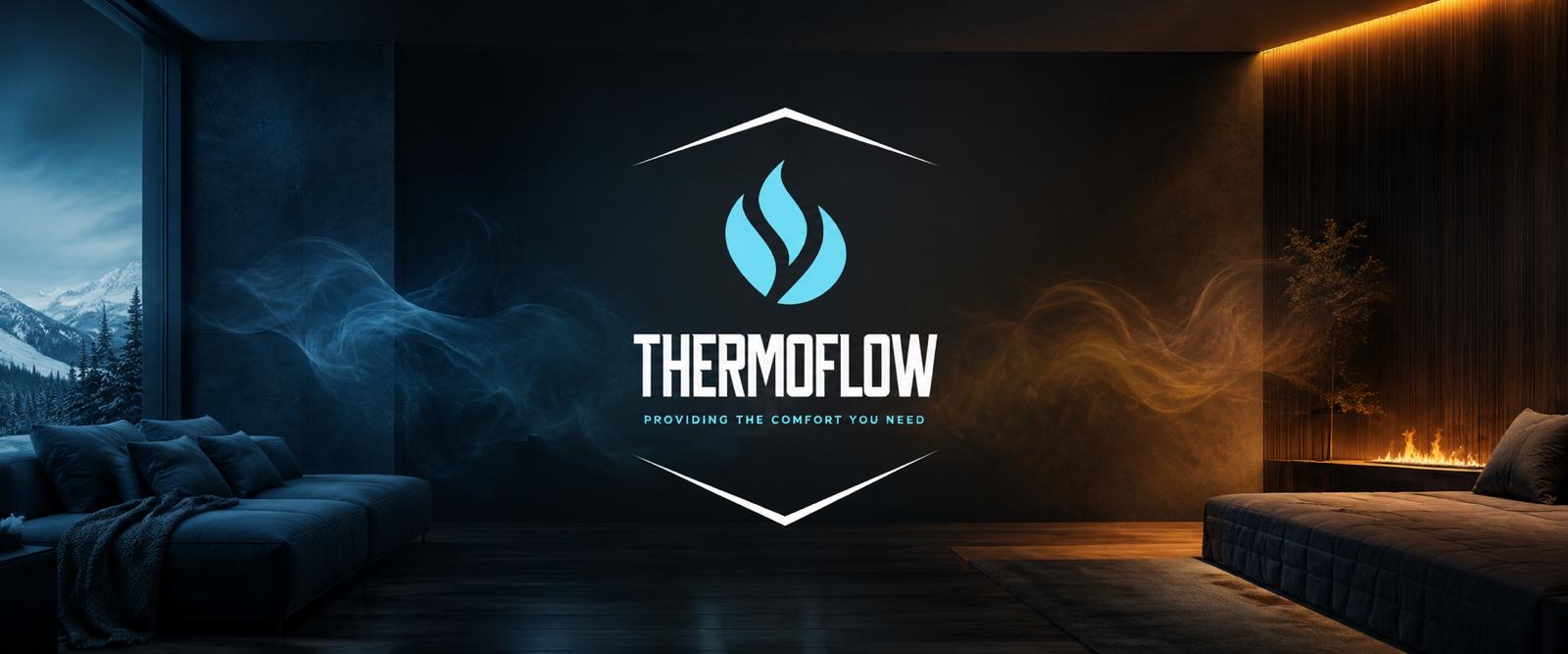Thermoflow's banner: a cold room with a snowy window on one side, a warm room with a fireplace on the other